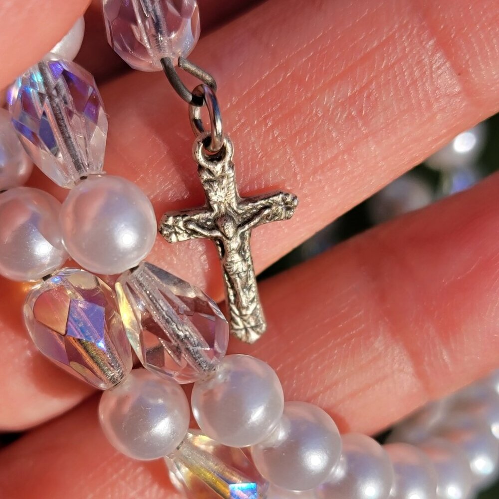 Sterling silver miracle medal and crucifix pearl and iridescent rainbow clear be